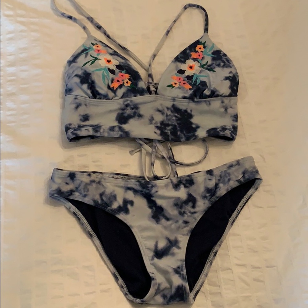 Hollister blue tie die neon flower bikini set